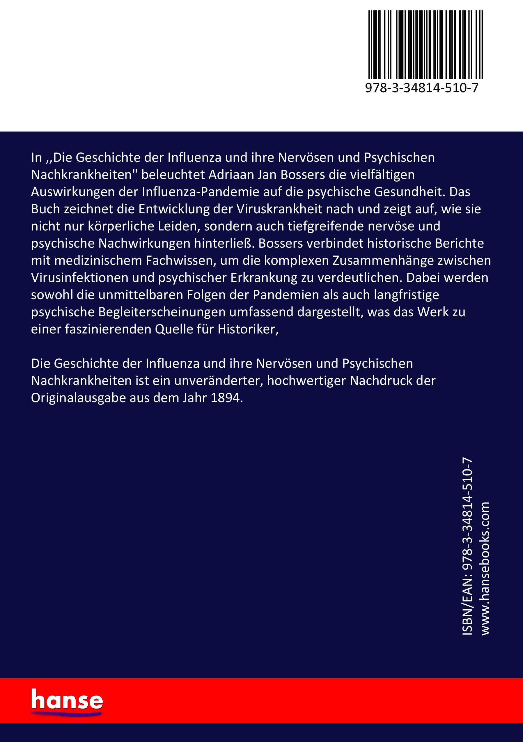 Die Geschichte der Influenza und ihre Nervösen und Psychischen Nachkrankheiten - Back Cover