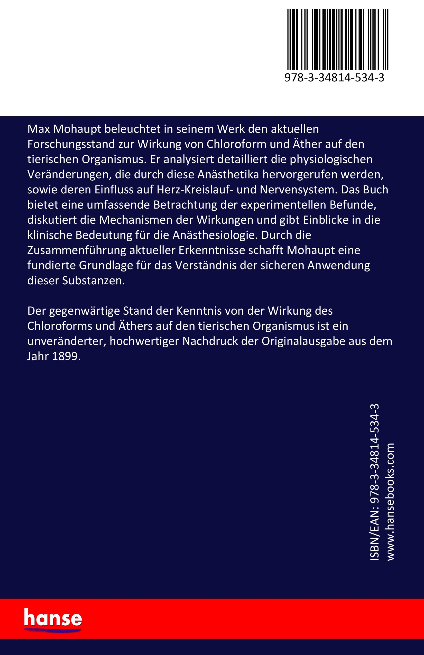 Der gegenwärtige Stand der Kenntnis von der Wirkung des Chloroforms und Äthers auf den tierischen Organismus - Back Cover