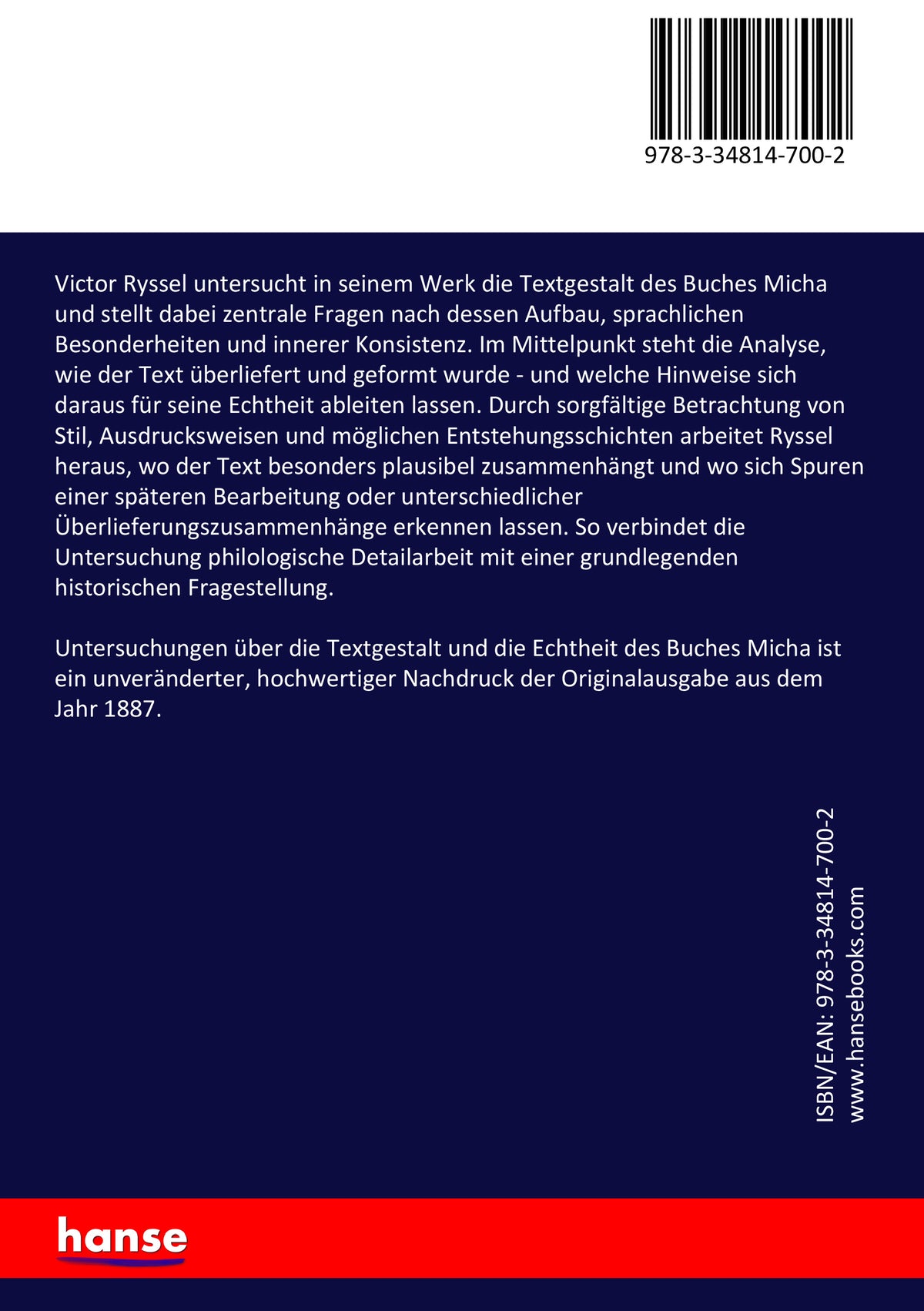 Untersuchungen über die Textgestalt und die Echtheit des Buches Micha - Back Cover