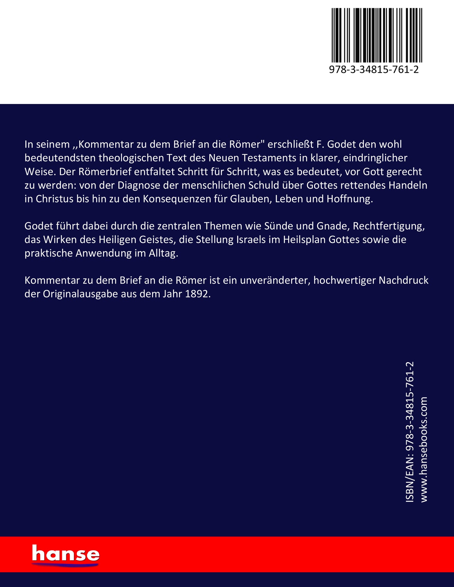 Kommentar zu dem Brief an die Römer - Back Cover