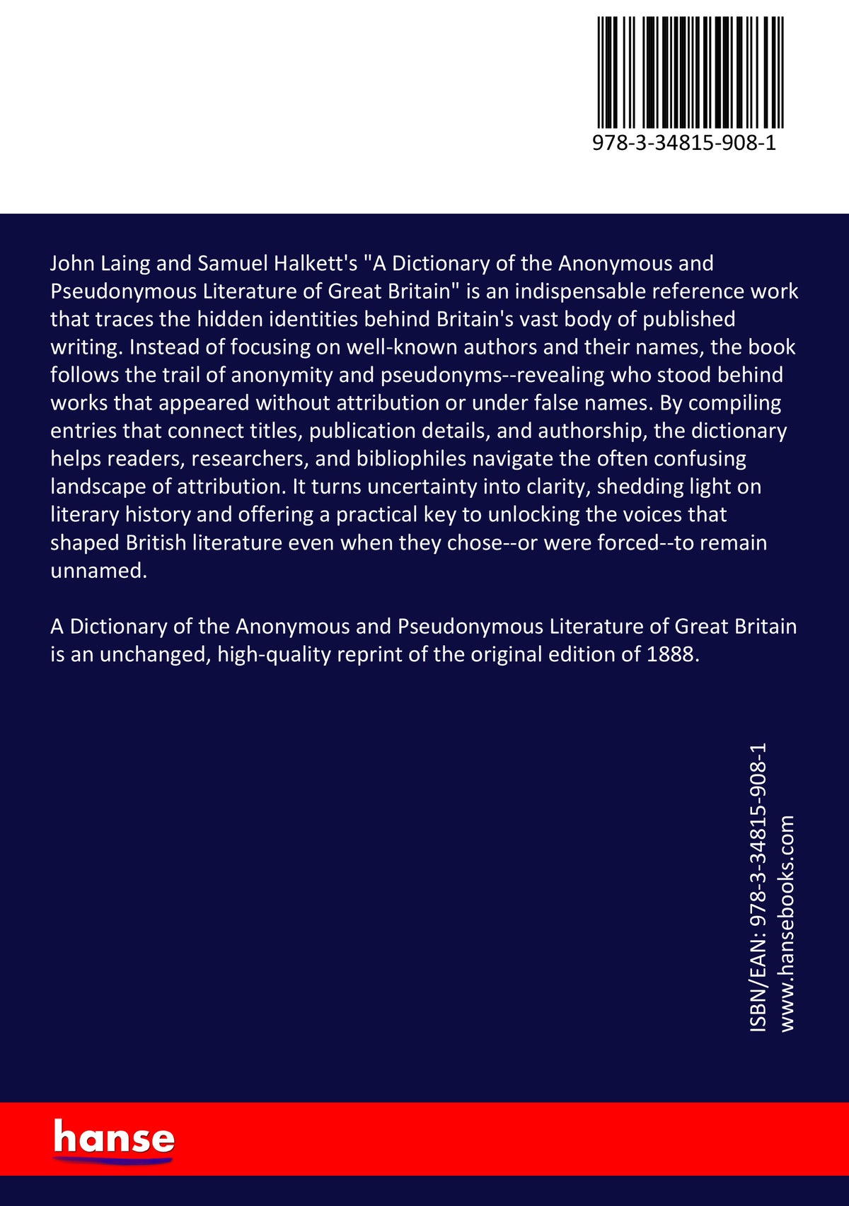 A Dictionary of the Anonymous and Pseudonymous Literature of Great Britain - Back Cover