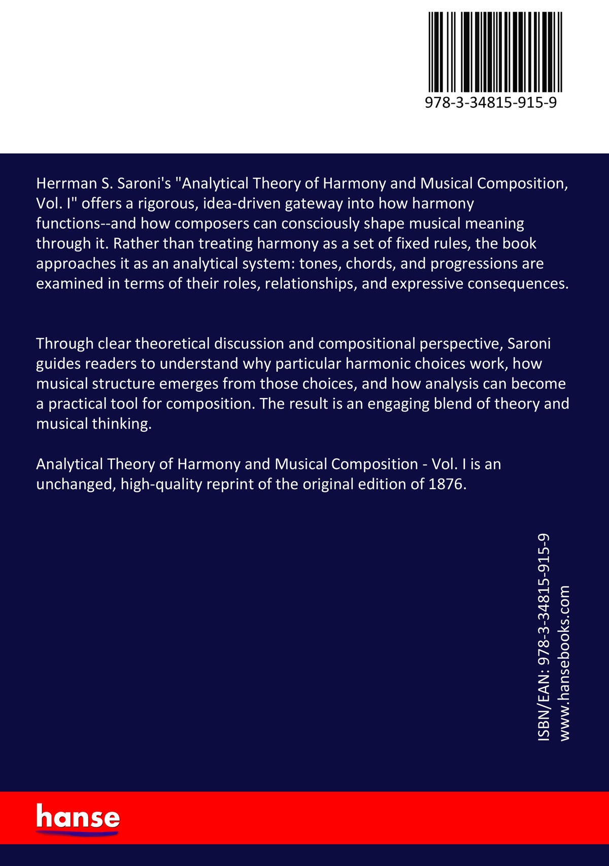 Analytical Theory of Harmony and Musical Composition - Back Cover