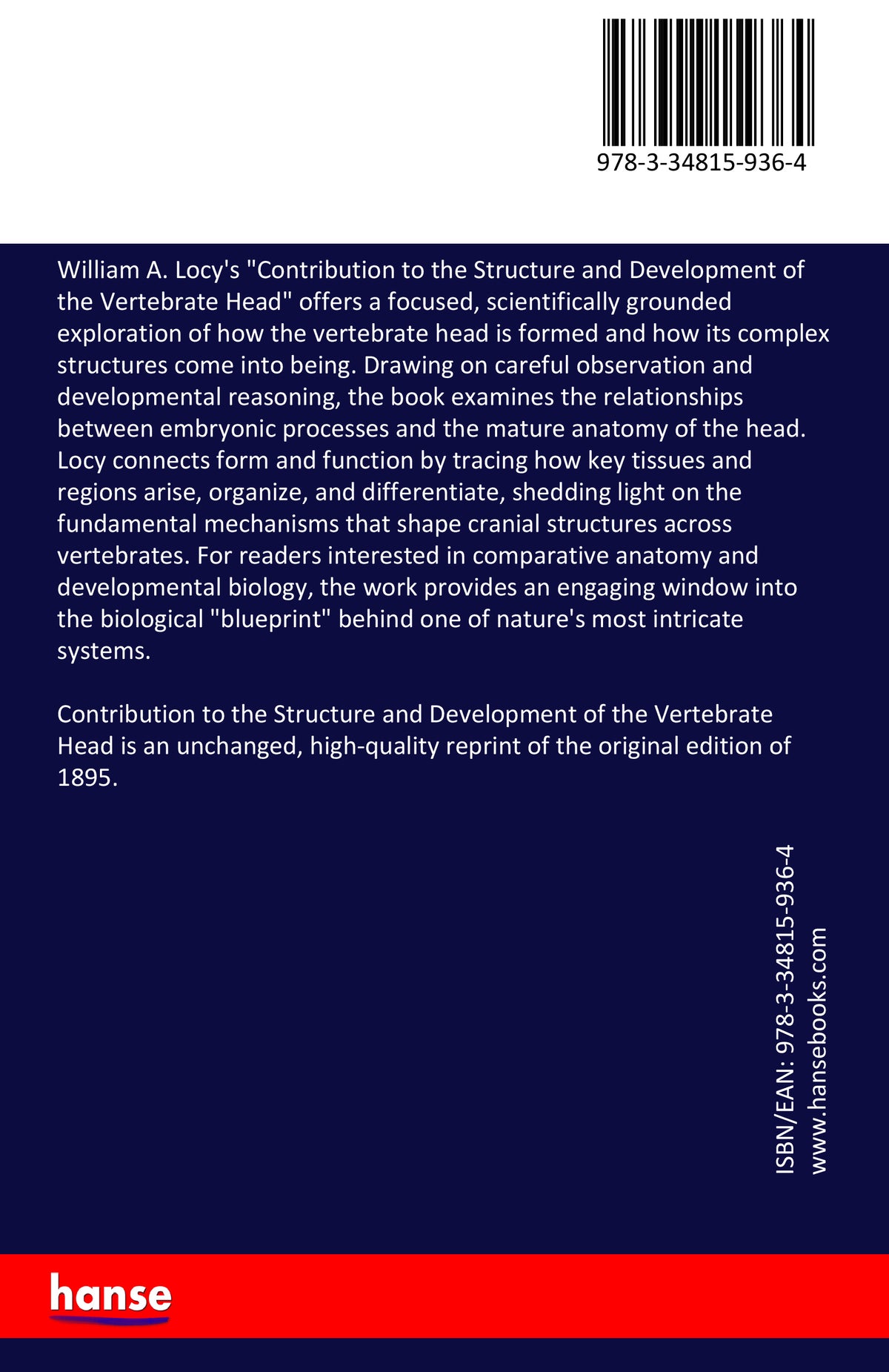 Contribution to the Structure and Development of the Vertebrate Head - Back Cover