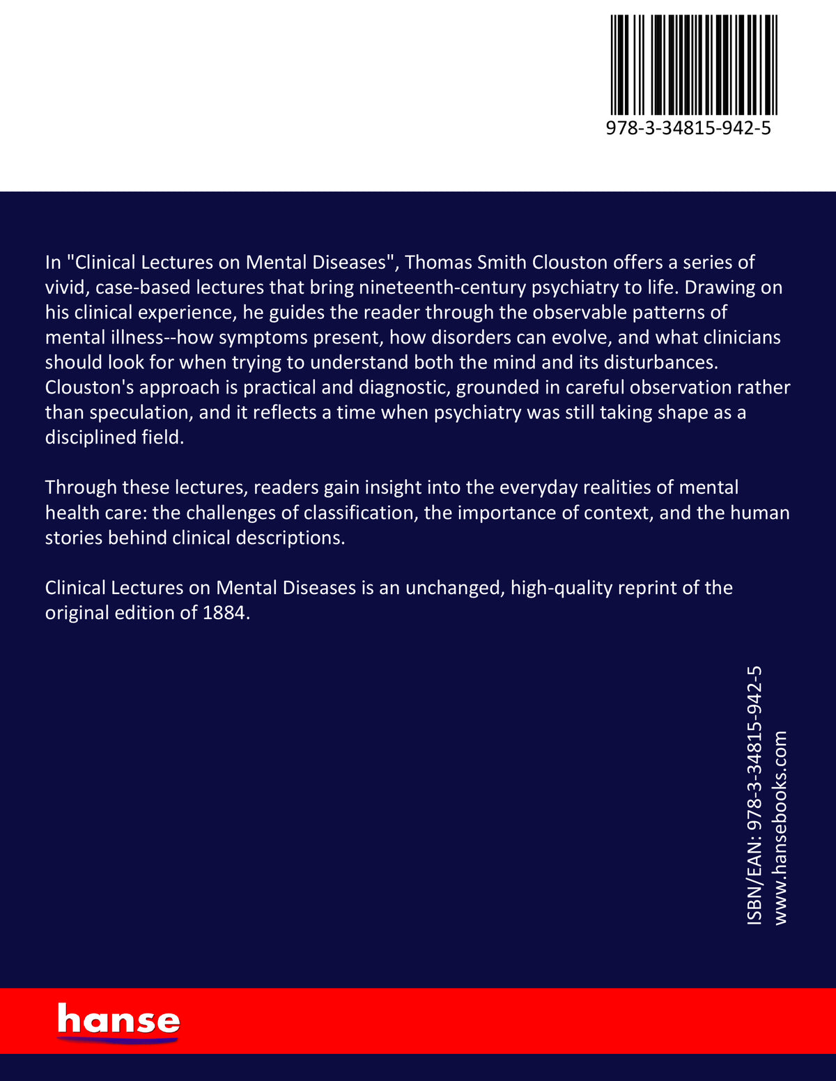 Clinical Lectures on Mental Diseases - Back Cover
